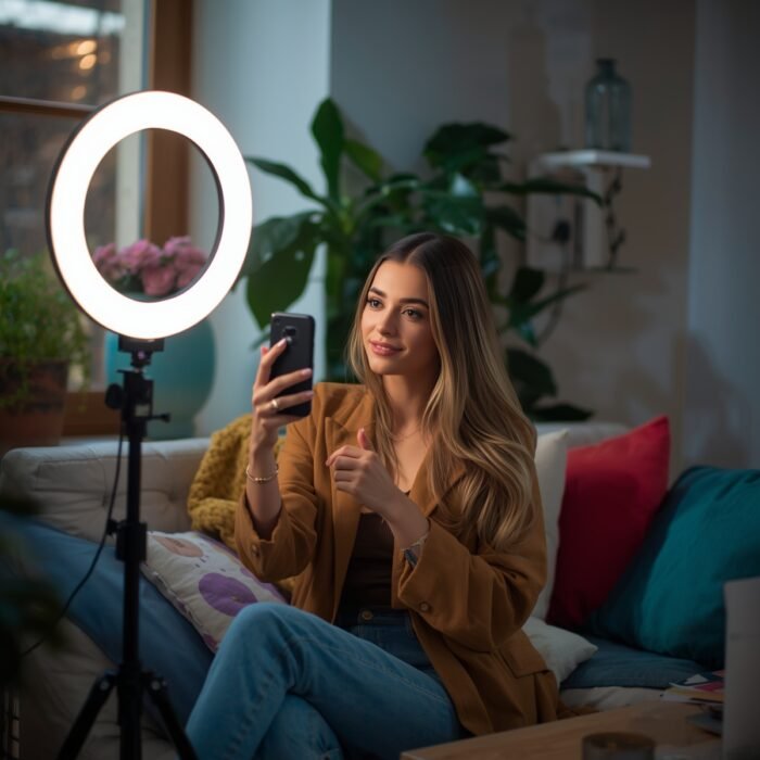 Lucid_Origin_A_stylish_female_influencer_recording_a_video_wit_0 Lucid_Origin_A_stylish_female_influencer_recording_a_video_wit_0