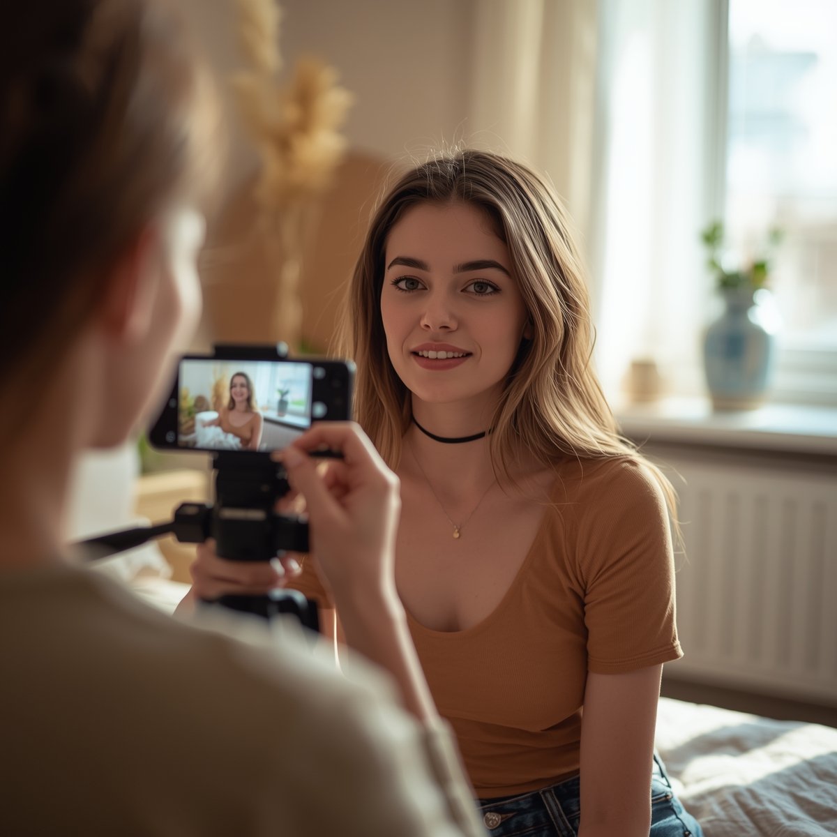 Lucid_Origin_Young_female_content_creator_filming_a_casual_out_2